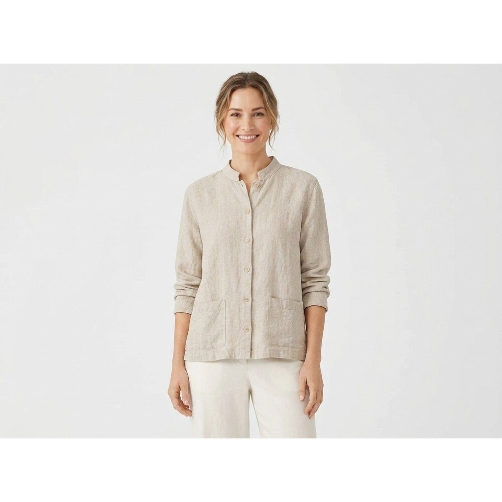 Eileen Fisher Linen Band Collar Shirt Jacket Oatmeal Beige Sz L EUC Patch Pocket
